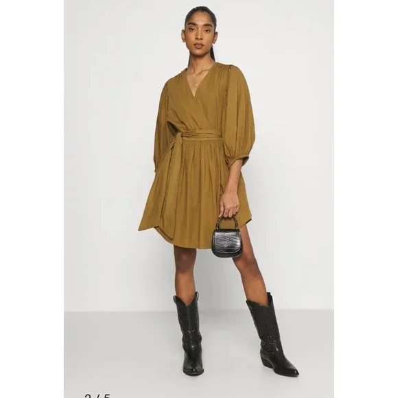 YAS Medium 10 Mustard Long Sleeve Dress RRP $129 Balloon Knee Length Ermi Cotton - Picture 1 of 12